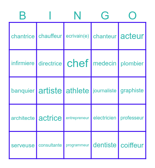 Les Professions Francais Bingo Card