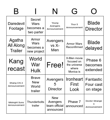 MCU Comic Con 2024 Predictions Bingo Card