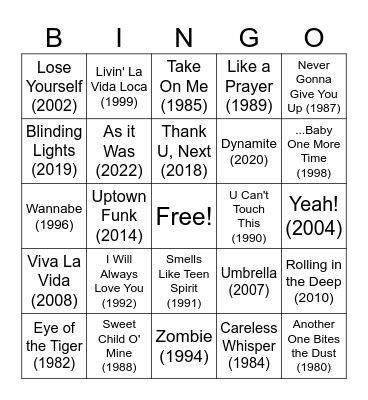 Top Hits 1979 - 2023 Bingo Card