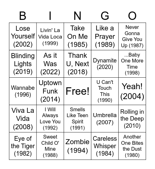 Top Hits 1979 - 2023 Bingo Card