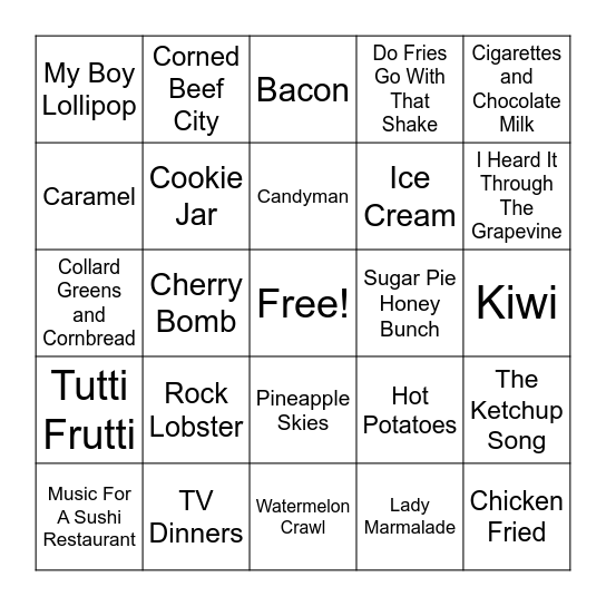 DJ Richard's Music Bingo - Songs With Food In the Title Bingo Card