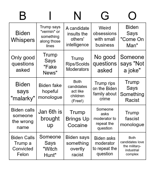 2024 Presidential Debate Bingo Card