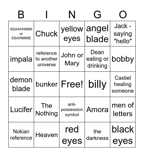 Supernatural Bingo Card