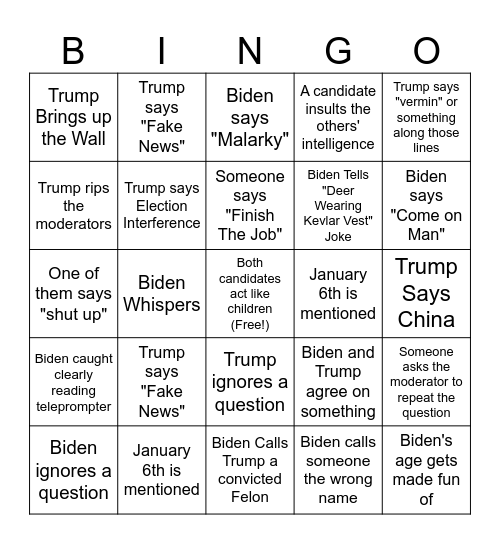 2024 Presidential Debate Bingo Card