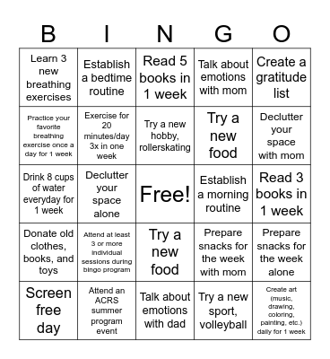 Summer Bingo Program Bingo Card