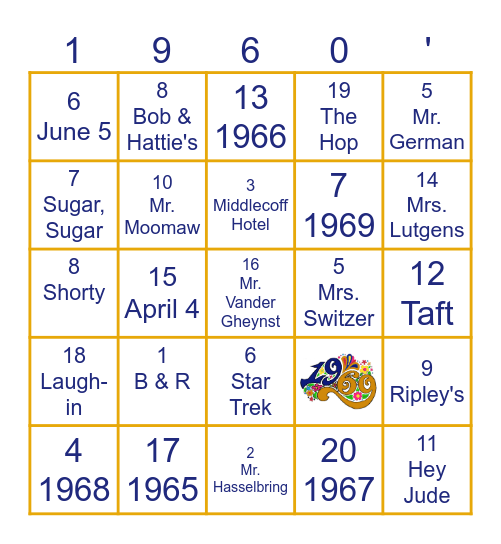 PHS 1965-1969 Bingo Card