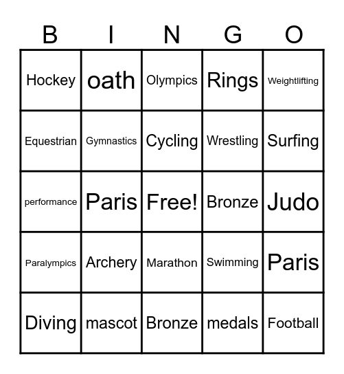 Olympics Bingo Card