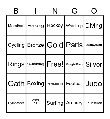 Olympics Bingo Card