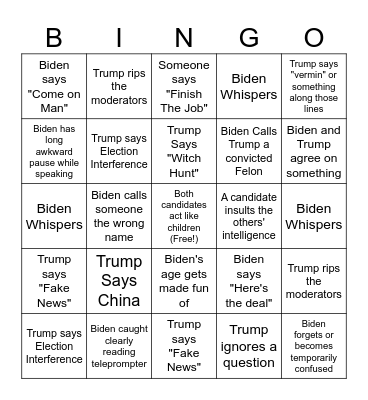 2024 Presidential Debate Bingo Card