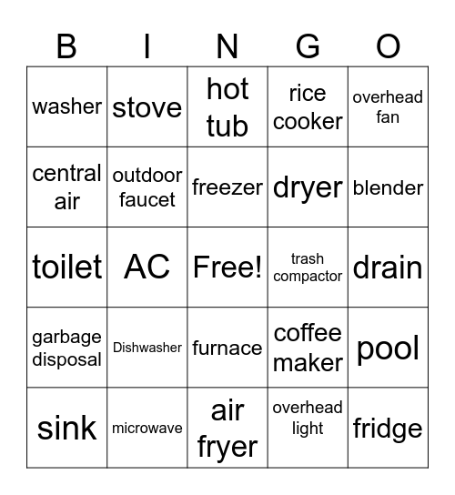 appliance Bingo Card