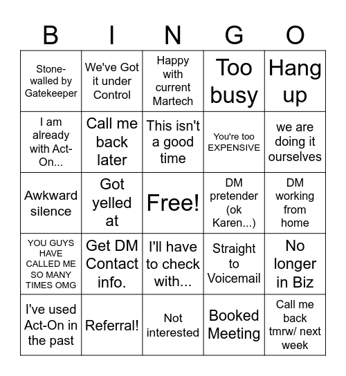 Cold Calling Bingo Card