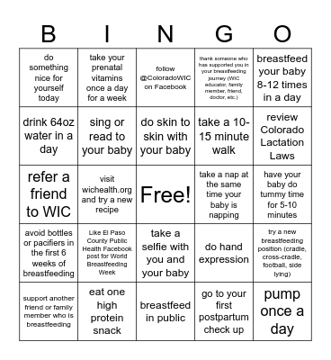 World Breastfeeding Week BINGO Card