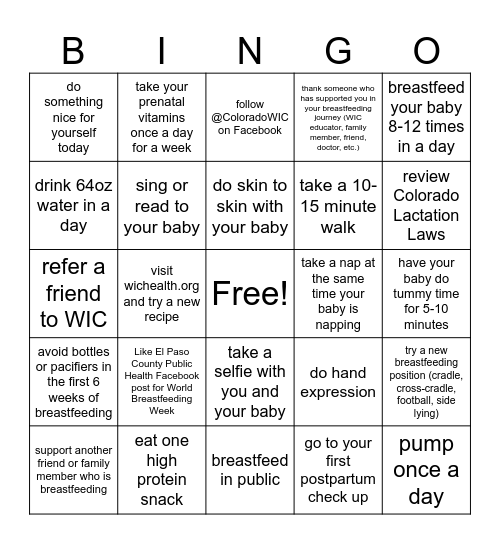 World Breastfeeding Week BINGO Card