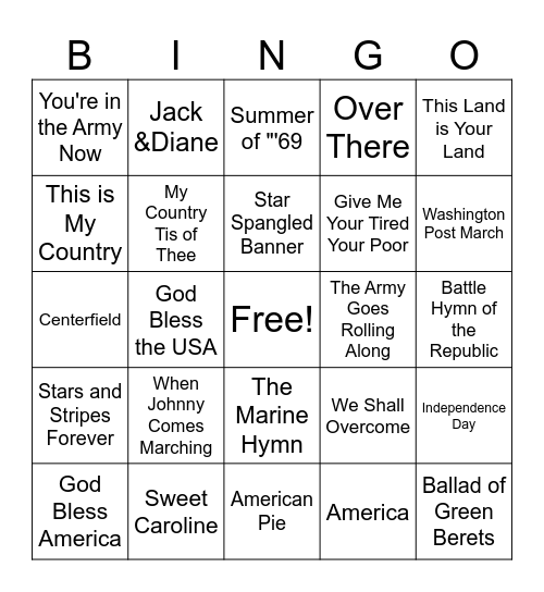 PATRIOTIC MUSIC BINGO Card