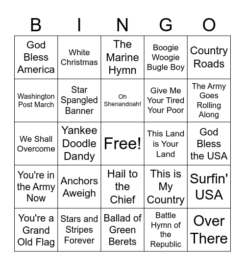 PATRIOTIC MUSIC BINGO Card