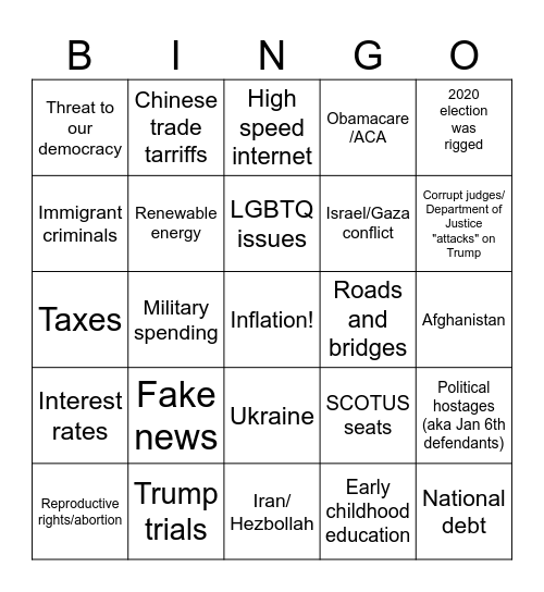 2024 Debate Topics Bingo Card