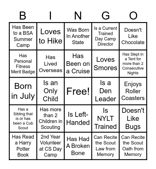 Day Camp Training Bingo Card
