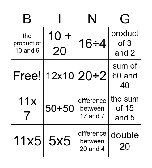 Numeracy Bingo Card