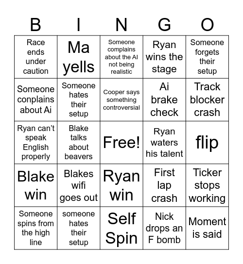 Goatco iRacing Bingo Card