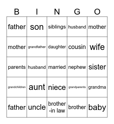 Family members Bingo Card