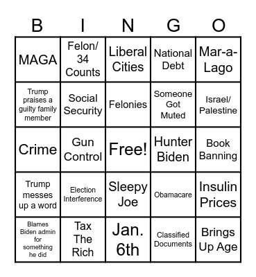 Presidential Debate Bingo Card