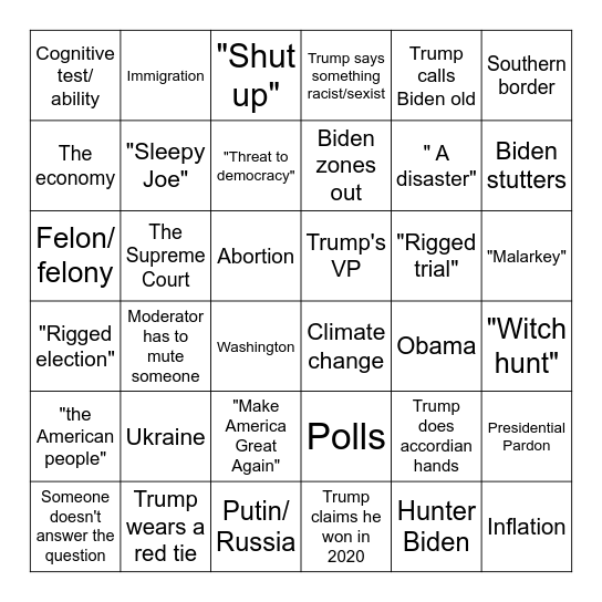 Presidential Debate Bingo Card