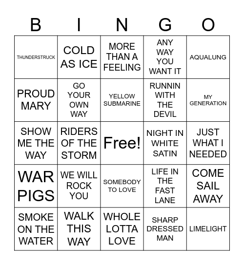Round One: Classic Rock Bingo Card
