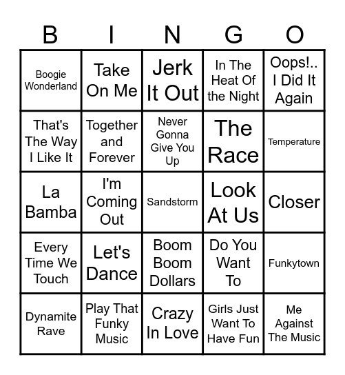 Dance Dance Revolution Bingo Card