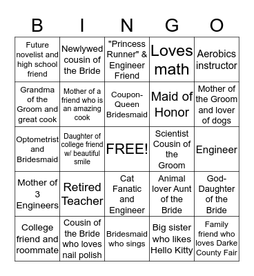 Linda's Bridal Shower Bingo Card