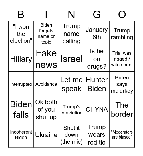 2024 Debate 1 Bingo Card