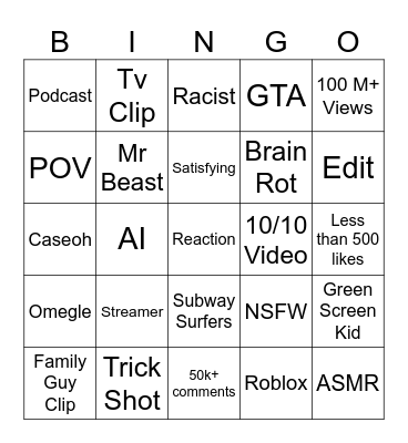 YouTube Shorts Bingo Card