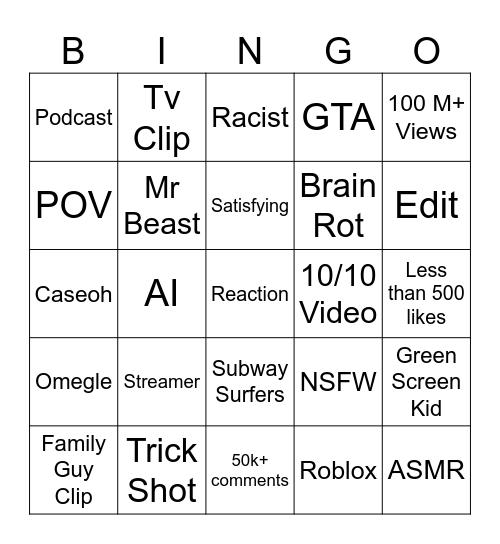 YouTube Shorts Bingo Card