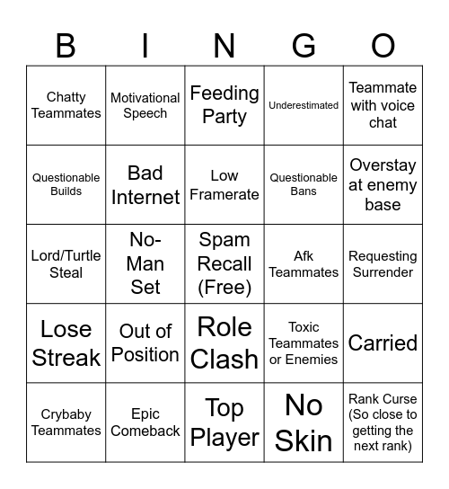 MLBB Rank Bingo Card