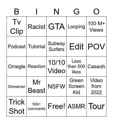 YouTube Shorts Bingo Card