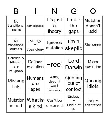 Creationist Bingo Card