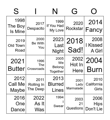 "A year ago today..." #1 song this week in previous years X pattern to win Bingo Card