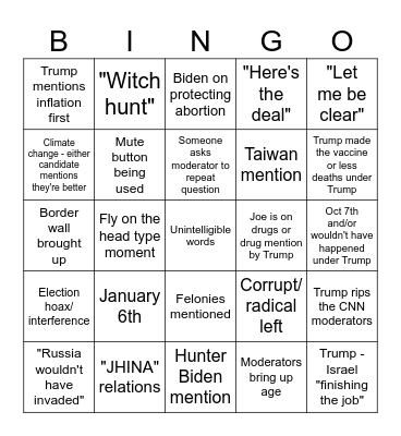 Presidential Debate Bingo Card