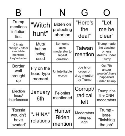 Presidential Debate Bingo Card