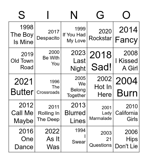 "A year ago today..." #1 song this week in previous years X pattern to win Bingo Card