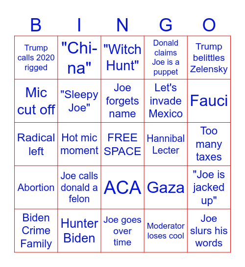 Presidential Prize Fight Bingo Card