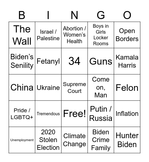Presidential Debate #1 Bingo Card