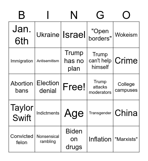 Presidential Debate Bingo Card