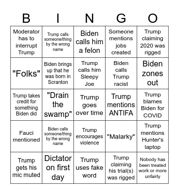 2024 Presidential Debate Bingo Card
