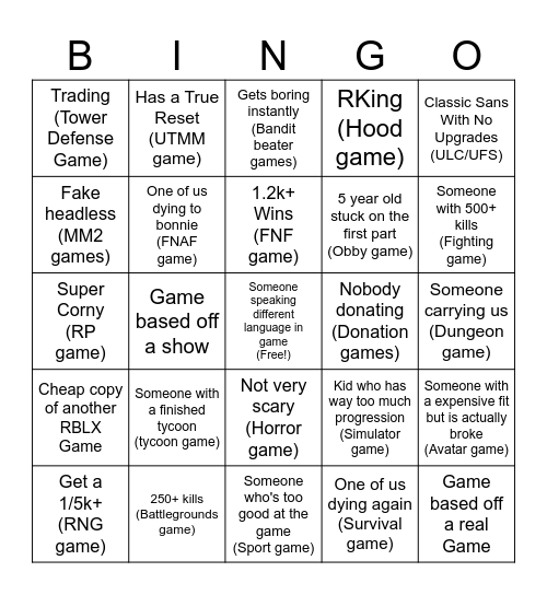 Roblox Bingo Board Bingo Card