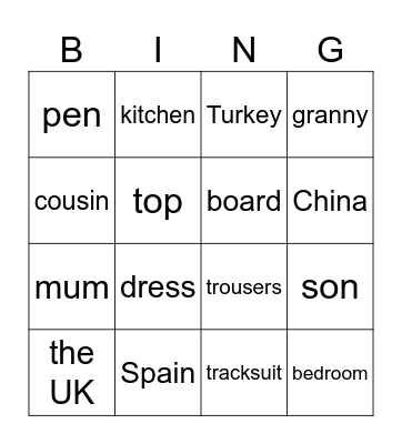 VOCABULARY Bingo Card