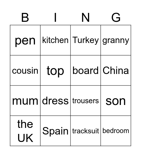 VOCABULARY Bingo Card