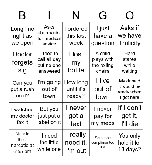 Pharmacy Bingo Card