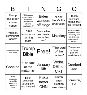 Presidential Debate Bingo Card
