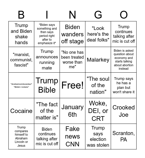 Presidential Debate Bingo Card
