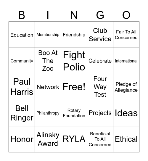 Rotary Club Bingo Card